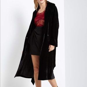 Black Crushed Velvet Belted Long Trench Coat